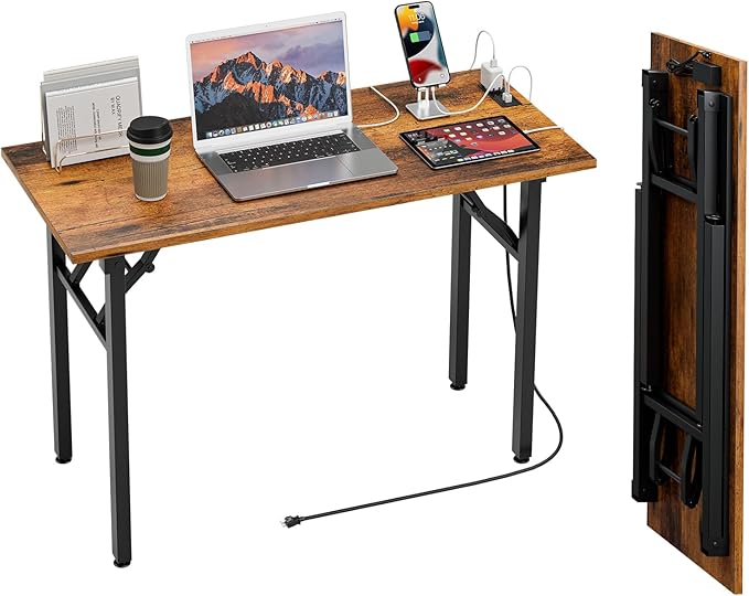 TEMI Small Computer Desk Folding Table - No Assembly, Compact 44.3" Foldable Desk with Power Outlets & USB Charging Port, Portable Small Office Desk, Ideal Mini Study Table for Narrow Spaces, Brown by TEMI