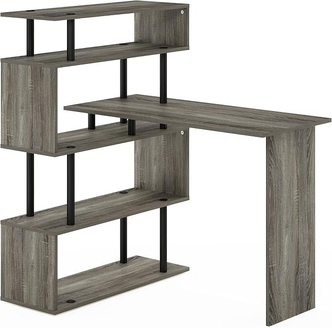 Furinno Classic L Shape Computer Desk, Gaming Desk, Office Desk with 5-Tier Shelves, 40" Wide, for Home Office, Study, Gaming, Grey Oak - Image 5
