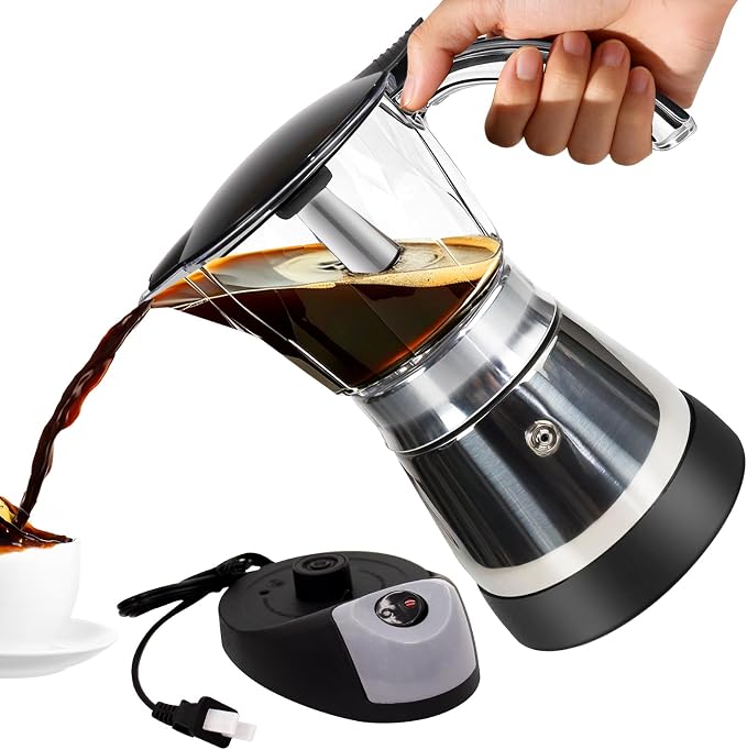 Electric Plastic Clear Moka Pot 3-6 Cup 150-300ml Mocha Pot | Stainless Steel Espresso Maker with Detachable Base Ideal Coffee Maker for Home Italian and Cuban Café Coffeemaker Black by Vaolvpant