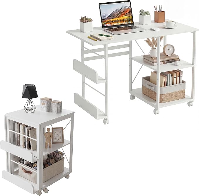 Garvee Folding Desk with Wheels, 31.5" Foldable Computer Desk with Storage Shelf, Space Saving Rolling Home Office Desk for Small Spaces, Portable Writing Table with Side Organizer, White by Garvee