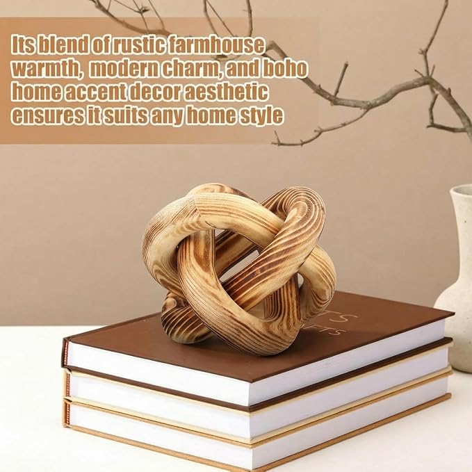 Yalikop 3 Link Wood Knot Decor Rustic Home Décor Accents Hand Carved Coffee Table Decoration, Boho Chain Link Decoration, Modern Shelf, Rustic Objects for Home Living Room Bedroom(Burnt) - Image 4