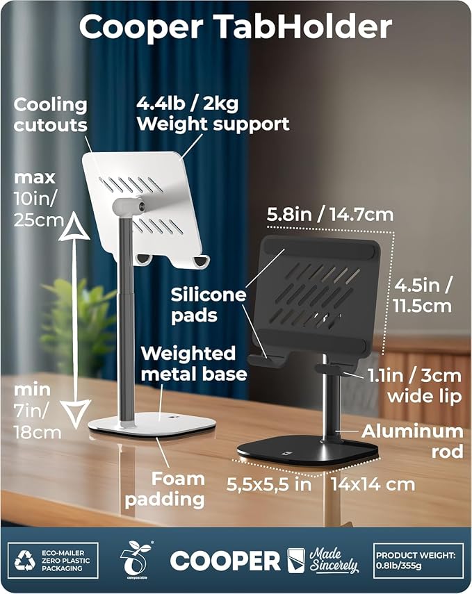 COOPER TabHolder, 7-10" Height Adjustable Tablet Stand, Premium iPad Stand for Desk, 270° Tilt iPad Holder for Desk, Tablet Holder, 15.6-17" Portable Monitor Support (Black) - Image 8