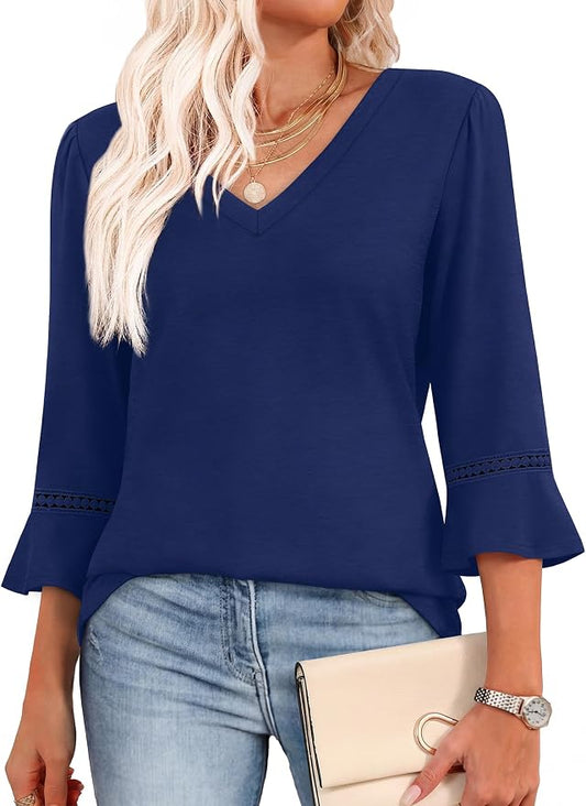 WIHOLL Womens Blouses Dressy Casual 3/4 Length Sleeve Tops Lace Trendy 2026 Spring Summer V Neck Shirts Vacation Outfits by WIHOLL