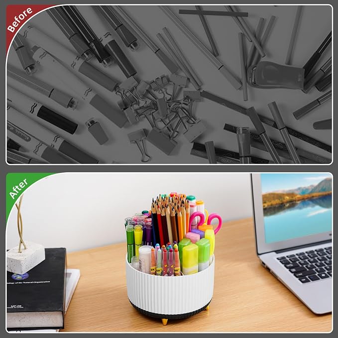 Marbrasse Desk Organizer, 360-Degree Rotating Pen Holder, Desk Organizers and Accessories with 5 Compartments Pencil Holder, Art Supply Storage Box Caddy for Office, Home (White+Black) - Image 7