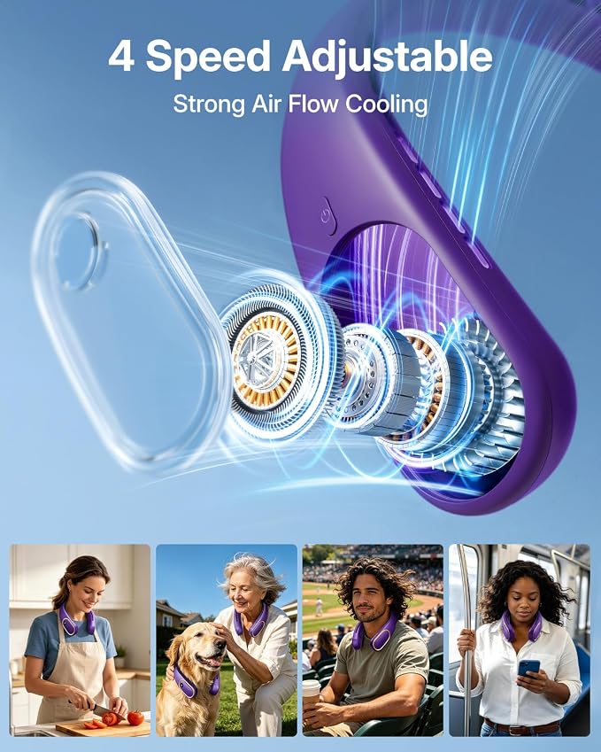 SHEWIND Portable Neck Fan - 5000mAh Rechargeable Hands-Free Wearable Fan | 4 Speeds, Bladeless & LED Display | Personal Cooling Fan for Travel, Outdoors, Camping - Purple - Image 3