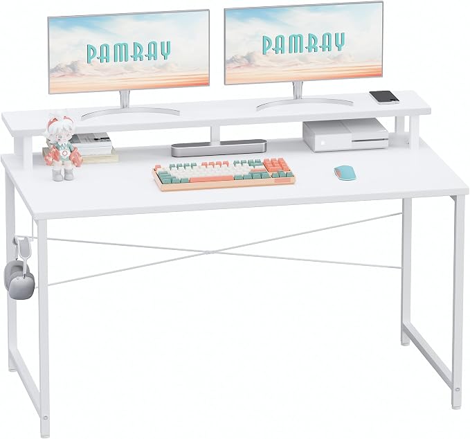 Pamray 47 Inch Small Computer Desk with Monitor Stand, Simple Office Desk with Headphone Hook for Small Spaces, Kids Study Writing Table for Bedroom, White by PAMRAY