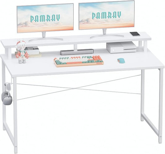 Pamray 47 Inch Small Computer Desk with Monitor Stand, Simple Office Desk with Headphone Hook for Small Spaces, Kids Study Writing Table for Bedroom, White by PAMRAY