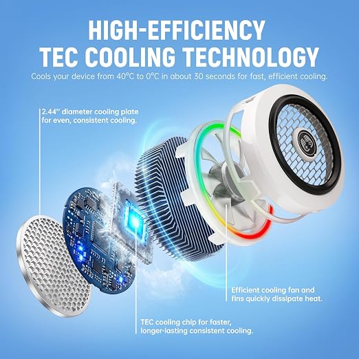 Phone Cooler for Gaming, Low Noise USB Cell Phone Cooler with Smart Temp Control, Phone Cooling Fan with RGB LED Lights, Magnetic Ring & Clip Fan for Phone Gaming & Streaming (White) - Image 2