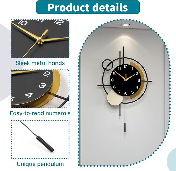 Wall Clock for Living Room Decor Decorative Wall Clock with Pendulum Silent Quartz Battery Operated Black Metal Large Clock for Dining Room,Kitchen,Home,Bathroom,Bedroom,13.8x21.3 in - Image 5