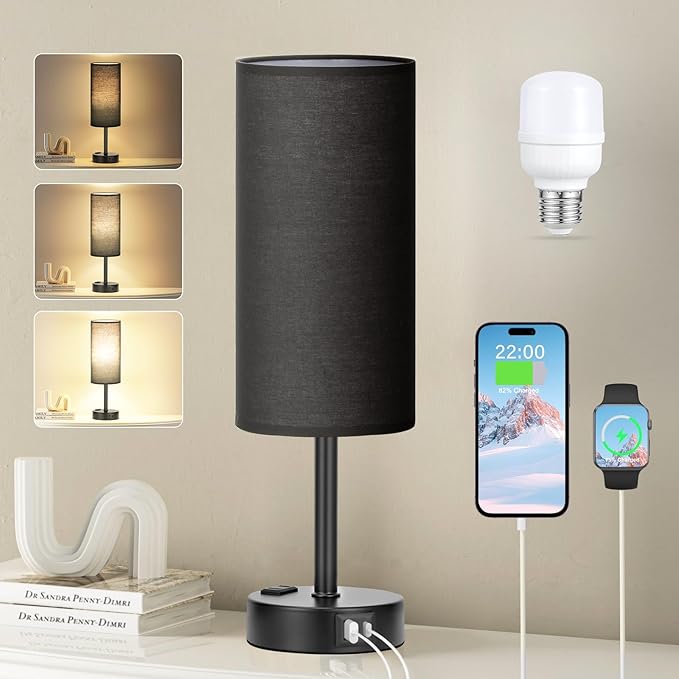 Fenmzee Black Bedside Lamp for Bedroom, Dimmable Touch, USB A+C, AC Outlet | 3-Way Dimmable, LED Bulb Included, USB C+A Charging Ports, Black Fabric Lampshade, Metal Base, 14in Small Table Lamp by Fenmzeelighting