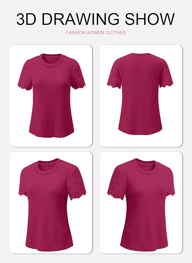 SHEWIN Womens Frenchy Summer Tops Crewneck Short Sleeve T Shirts Casual Waffle Knit Jacquard Blouses Top Shirts - Image 6