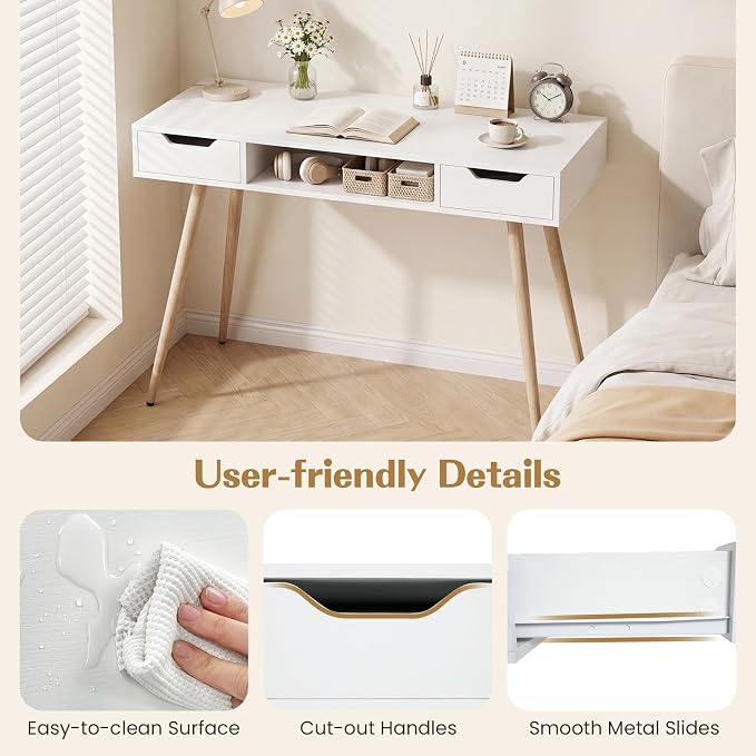 Giantex White Computer Desk with Drawers, 42.5" Minimalist Mid Century Modern Vanity Writing Desk with Open Storage Cubby & Metal Leg, Compact Wooden Study Table for Small Spaces Home Office (White) - Image 7