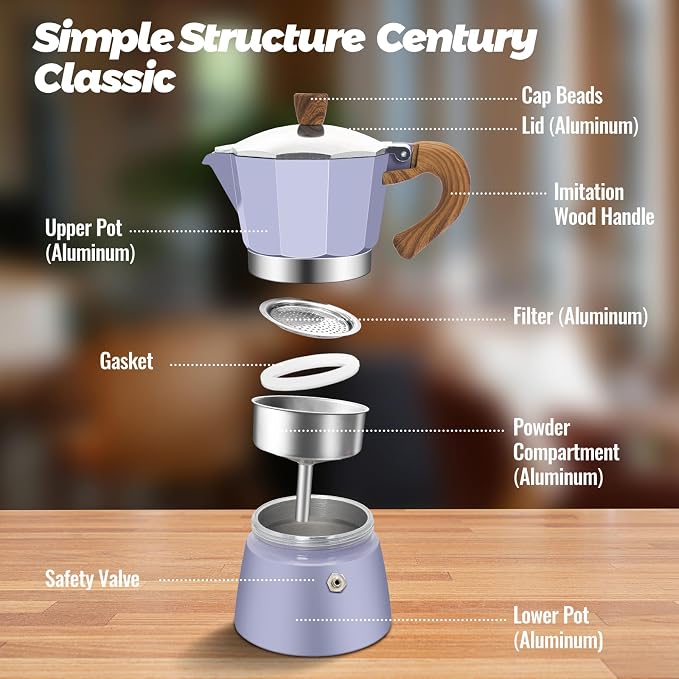 3 Cup Aluminum Moka Pot Purple Classic Stovetop Espresso Coffee Maker 150ml 5oz Coffeemaker Percolator Mocha Pot Greca Coffee Maker Cafe Makers for Italian and Cuban Café Brewing Purple - Image 3
