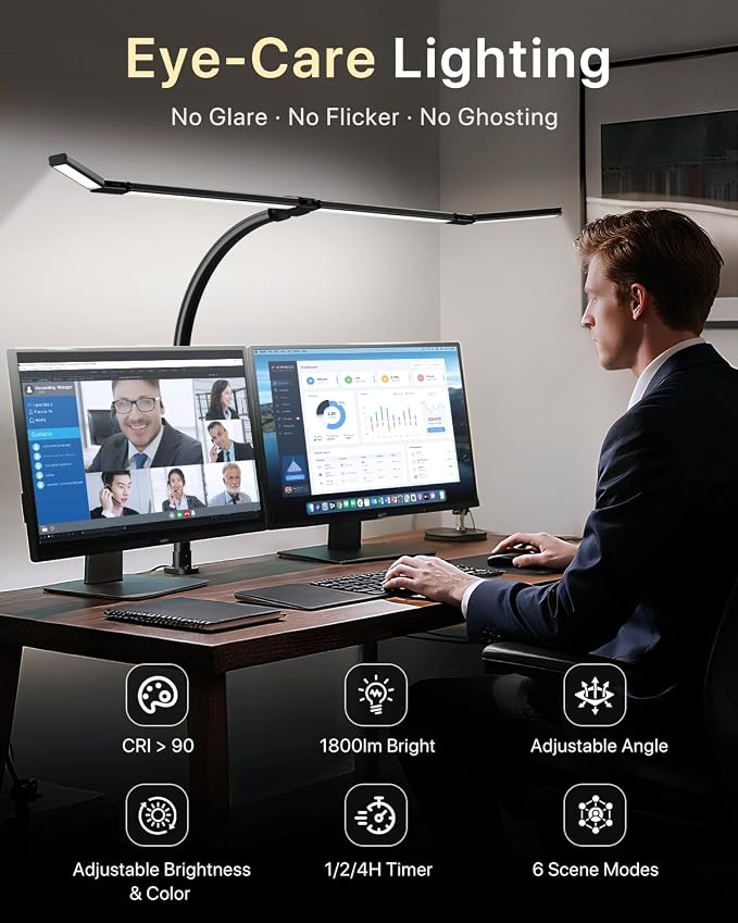 ONEMIX 42-Inch LED Desk Lamp for Dual Monitors with Clamp and Remote | 4 Adjustable Panels for Focused or Wide-Area Light, 1800LM, Flexible Gooseneck, 5 Color Temps, 5 Brightness Levels, Timer - Image 5
