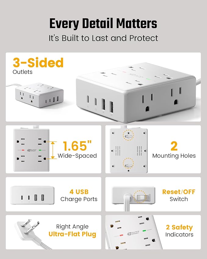 SUPERDANNY Extension Cord,Flat Plug Surge Protector Power Strip,25Ft | 8 AC & 4 USB Ports (2 USB C),Surge Protector with 1050J,Desk Charging Station for Home Office,College Dorm Room Essentials - Image 7