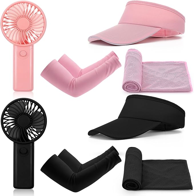 8 Pcs Cooling Must Haves Summer, Keeping Cool in Hot Weather Outside, Cooling Arm Sleeves, Towels, Sun Visor Hats, Portable Handheld Mini Fans, UV Protection for Women Men Sports, Travel by Bunnycool