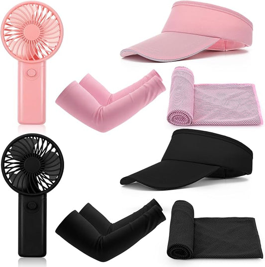 8 Pcs Cooling Must Haves Summer, Keeping Cool in Hot Weather Outside, Cooling Arm Sleeves, Towels, Sun Visor Hats, Portable Handheld Mini Fans, UV Protection for Women Men Sports, Travel by Bunnycool