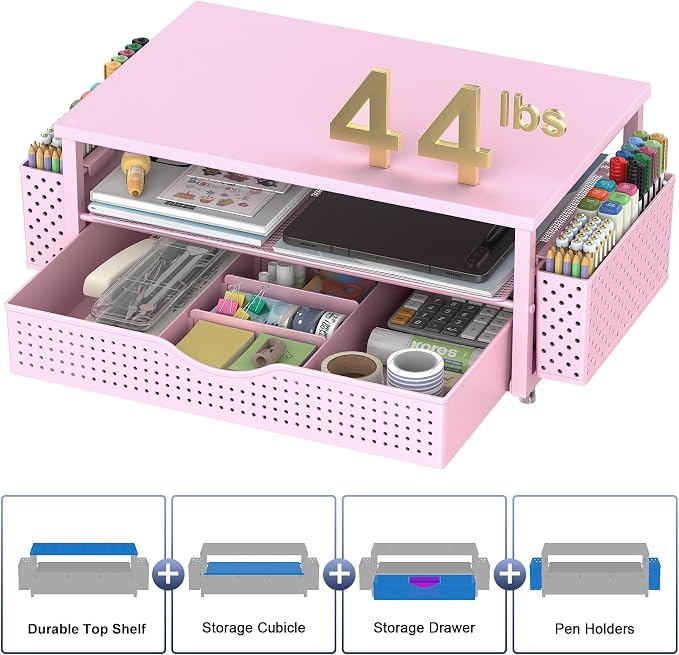 Spacrea Desk Organizer and Accessories, Computer Monitor Stand Riser with Drawer and 2 Pen Holders, Office Desk Accessories & Workspace Organizers for Office Supplies (Pink) - Image 4