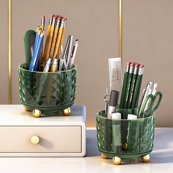 GOTOBA Dark Green Pen Pencil Holder for Desk, 360° Rotating Pen Organizer, Green Office Supplies, Cute Pen Holder, 6-Compartment Pencil Holder Rotating - Image 4