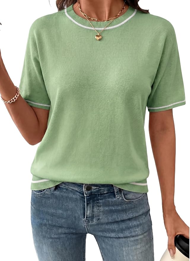 SHEWIN Womens Tops Trendy Short Sleeve Shirts Crewneck Lightweight Knit Sweater Top Business Casual Outfits by SHEWINBeYourFashionStylist