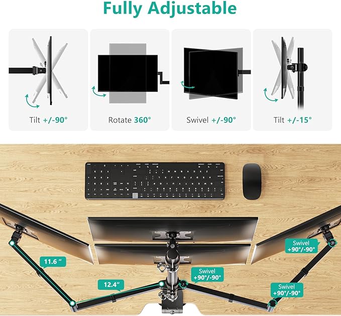 WALI Quad Monitor Mount for 13-27 Inch Screens, Fully Adjustable 4 Monitor Stand with Swivel, Tilt, Rotation, Clamp & Grommet Base Kit, Max Load 22lbs per Screen (M004S), Black - Image 5