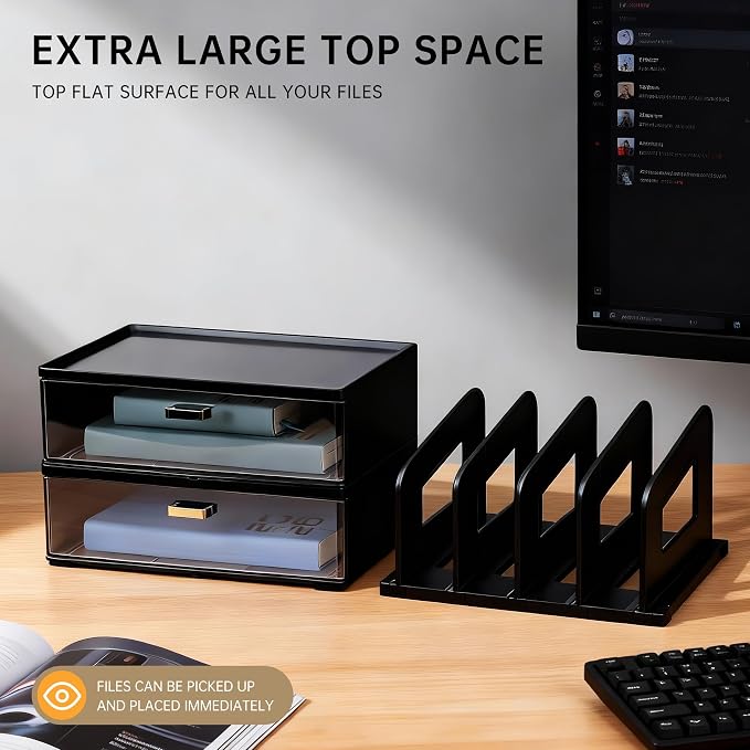 CiWiVOKi Desk Organizer with 4 File Slots and 2 Drawers, Black | File organizer with dual pen holders and storage compartments for mail, documents and office supplies - Image 6