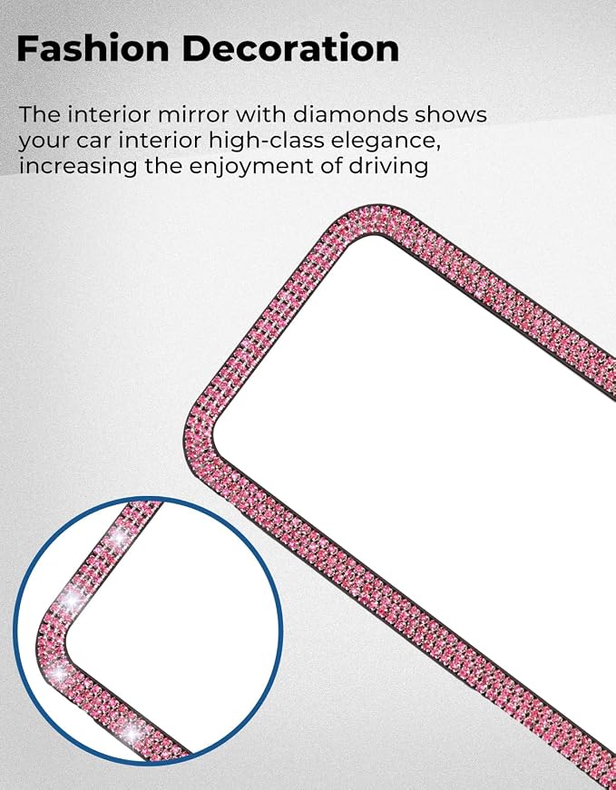 JOYTUTUS Rear View Mirror, Universal 12 Inch Panoramic Rearview Accessories with Bling Rhinestones Crystal Diamonds Edge, Interior Clip-on Wide Angle Rear View Mirror -Pink - Image 5