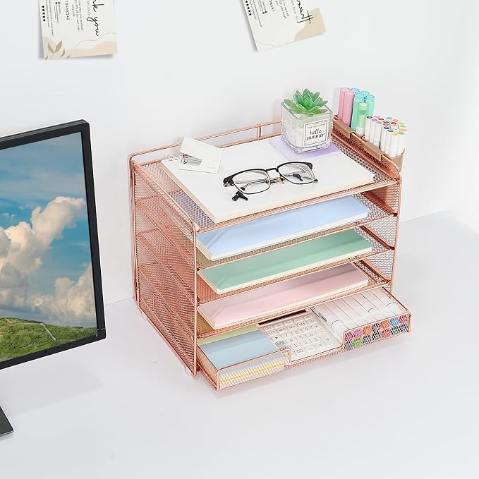 LEKETREE Desk Organizer and Accessories, 5-Tier Paper Letter Tray Organizer with Drawer & 2 Pen Holders for Desktop File Organization, Office Desk Accessories for Supplies Storage (Rose Gold) - Image 3