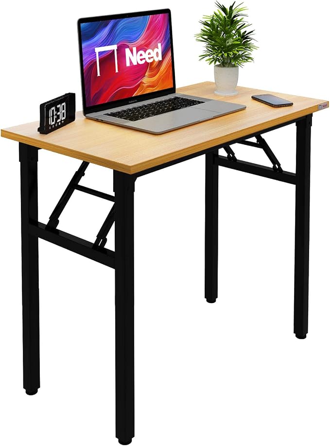 Need Small Computer Desk 31.5 Inch Folding Home Office Table Teak | Black Frame Writing Gaming Work Table/Sturdy Foldable Study Table for Small Space/Dormitory, No Assembly Required by Need
