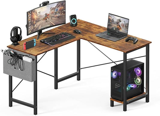 OLIXIS L Shaped Desk, 50-Inch Office Computer Gaming Desks Corner PC Table with Side Bag and Reversible Shelf for Home Work Study Writing Rustic Brown | Side Bag, Reversible Shelf, Home Work Study Writing, PC Workstation, Easy Assembly, Rustic Brown by OLIXIS