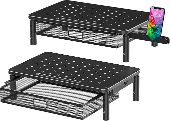 Zimilar 2 Pack Monitor Stand Riser with Metal Drawer, 3 Height Adjustable | Monitor Riser with Phone Holder for Printer, Laptop, Premium Metal Computer Monitor Stand with Storage for 2 Monitors by Zimilar