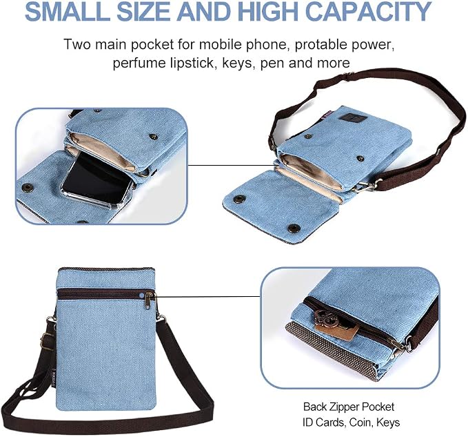 Dlames Canvas Small Cute Crossbody Cell Phone Purse Wallet Bag with Shoulder Strap for iPhone 15 Pro 14 Pro 13 Pro Galaxy S23 S22 S21 Google Pixel 5 4 3 - Blue - Image 3