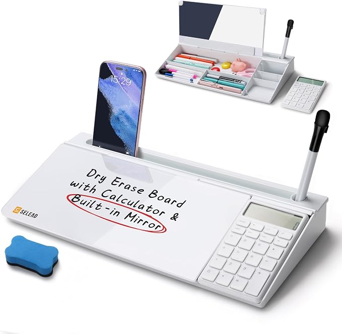 SELEAD Desktop Glass Whiteboard with Calculator & Built-in Mirror, Dry Erase White Board Computer Pad Keyboard Stand with Organizer Drawer, Desk Accessories for Home, School, Office by SELEAD