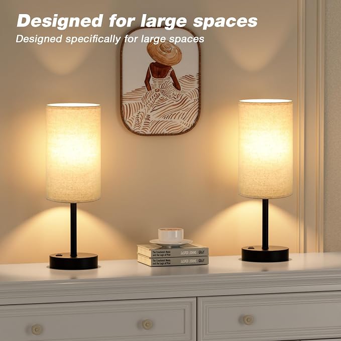 Fenmzee Touch Table Lamp - Beige, 3-Way Dimmable, USB A + C Charging, AC Outlet, 17.4inch Medium, Black Metal Base - Image 7