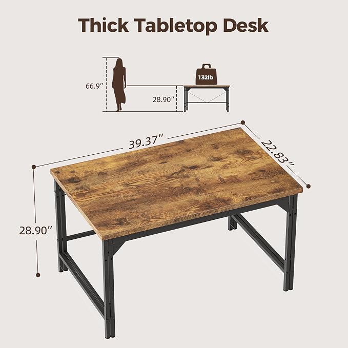 Mericonia 40 Inch Computer Desk, 1" Thick Small Office Table, Brown | Modern Simple Style, Heavy Duty Industrial Frame, Small Study & Writing Table for Home Bedroom Work - Image 2