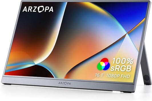 ARZOPA 16.1" Portable Monitor Gray, 100% sRGB FHD 1080P Kickstand Portable Laptop Monitor High Color Gamut Display IPS Eye Care Screen for High-end Office & Entertainment -Z1C Gray by ARZOPA