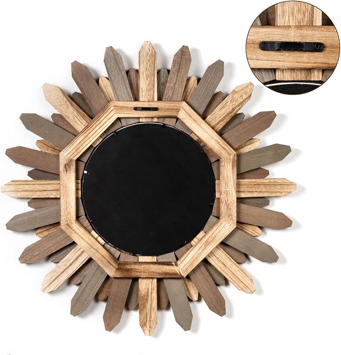 Honiway Boho Wall Decor 21 inch Wall Mirror Rustic Wood Decorative Mirror for Room Decor Rustic Home Decor Farmhouse Wall Decor at Living Room Bedroom Bathroom Hallway Trilcolor - Image 7