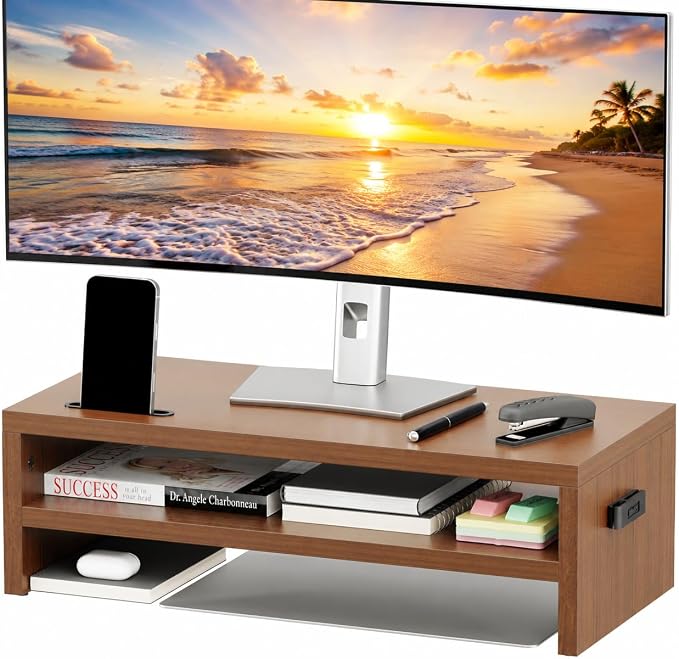 BONTEC Wood Monitor Stand Riser, 2-Tier Desktop Organizer | Ergonomic Computer Stand for Desk, Cable Management, Cellphone Holder, 21.3 Inch Shelf, Walnut by BONTEC