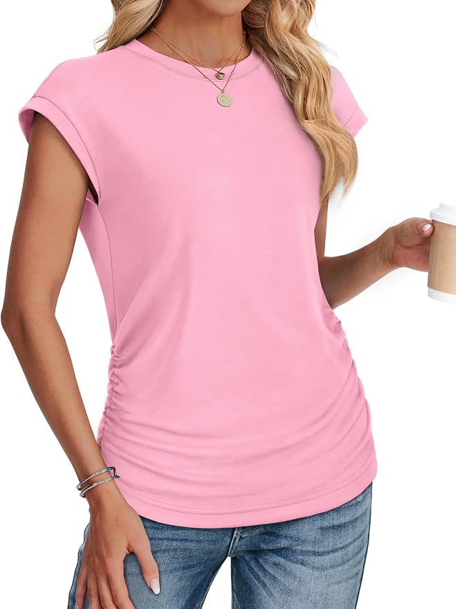 Sampeel Womens Summer Tops Trendy 2026 Ruched Cap Short Sleeve Tshirts Shirts Crew Neck T Shirts Fashion - Image 3