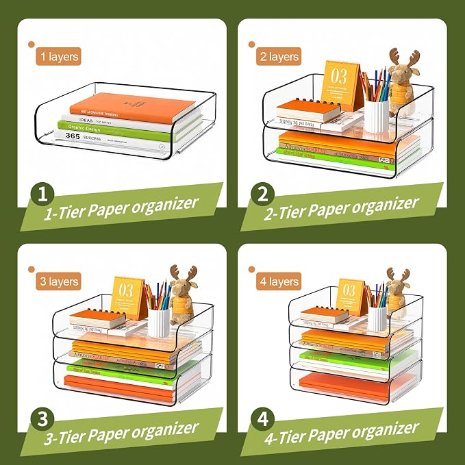 FANXIYQ 4-Tier Acrylic Paper Tray Organizer - Low-Profile Desk File Sorter for Office/Home, Clear Stackable Letter Tray for Bills, Crafts, Notebooks - Image 6