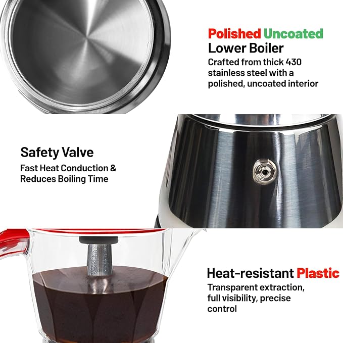 Electric Plastic Clear Moka Pot 3-6 Cup 150-300ml Mocha Pot | Stainless Steel Espresso Maker with Detachable Base Ideal Coffee Maker for Home Italian and Cuban Café Coffeemaker Red - Image 6