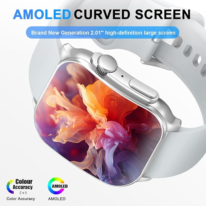 Smart Watch, 2.01" AMOLED Curved HD Full Touch Screen, Compatible with iOS & Android for Daily Workout Business Gift, Fitness Tracker with 24/7 Heart Rate/Sleep Monitor, IP68 Waterproof Watch Gray - Image 2