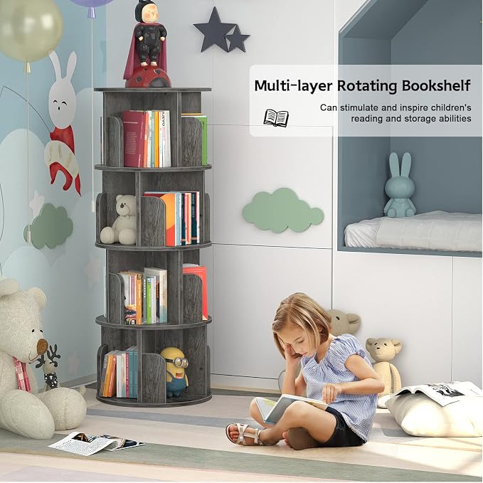 Aheaplus Rotating Bookshelf, 360 Display Corner Bookshelf for Small Space, 4 Tier Floor Standing Bookcase Storage Rack, Wood Narrow Book Shelf Organizer for Bedroom, Living Room, Study Room, Grey Oak - Image 6