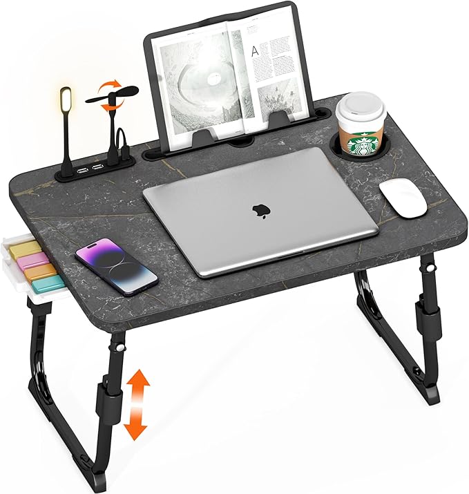 Lap Desk for Bed, Adjustable Laptop Desk with USB Charging Port, Storage Drawer & Bookshelf — Foldable Bed Desk for WFH & Students, 23.6" Desktop Fits 17" Laptop, Non-Slip, Deep Stone Texture by PlayimaginationtodecorateHomeOffice