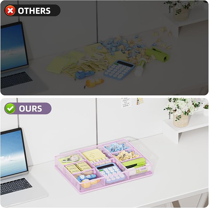 Marbrasse Desk Drawer Organizer, Metal Mesh Drawer Organizer Tray with 5 Adjustable Compartments,Desk Organizers and Accessories for Home,Office,Kitchen,Makeup,Vanity (Purple) - Image 6