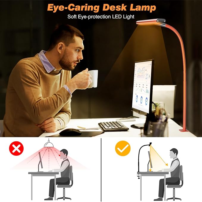 Airlonv LED Desk Lamp for Office Home, Eye-Caring Desk Light with Stepless Dimming Adjustable Flexible Gooseneck, 10W USB Adapter Desk Lamp with Clamp for Reading, Study, Workbench (Orange) - Image 6