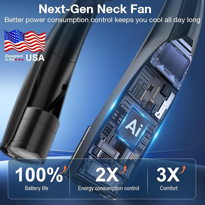 Portable Neck Fan, 6 Speeds Rechargeable Personal Fan with AI Chips, Hands-Free 360° Faster Cooling Wearable Fan, Ultra Quiet for Home, Office, Travel, Indoor, Outdoor - Black - Image 3