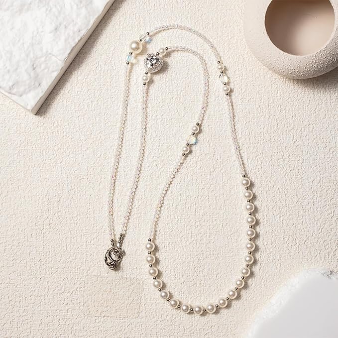 Phone Chain Crossbody Pearl Strap,Pearl Beaded Chain Shoulder Crossbody Lanyard with Phone Tether Patches Compatible with Most Phones Bag Purse - Image 6