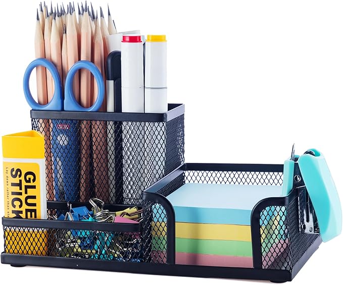 M&G Mesh Pen Holder Desk Organizers Pencil Holder for Desk Black, 3 Compartments Metal Office Supply Organizer with Sticky Notes Holder for School Home Office by MG
