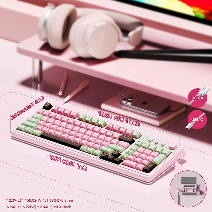 AULA Keyboard, Wireless Gaming Keyboard Creamy Bluetooth Computer Keyboards | 99 Key, Membrane Keyboard with Number Pad,RGB Backlit,Tri-Mode BT/2.4GHz/USB-C,Pink&Green&Coffee Color - Image 4